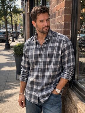 Bugatchi Classic Fit Plaid Shirt Men’s Large Gray Button Down Cotton NWOT